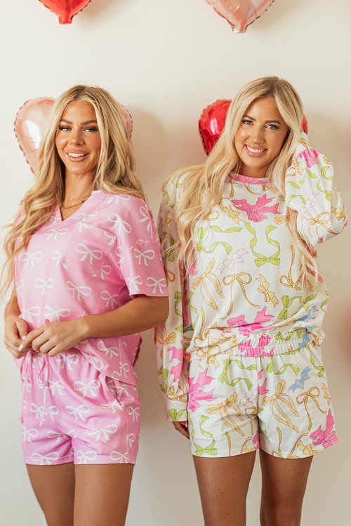 Pink Waffle Knit Bowknot Printed V Neck T Shirt and