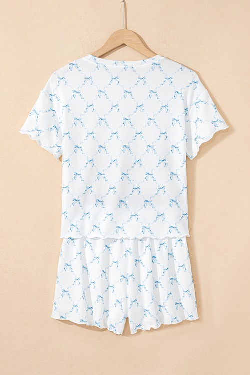 Sky Blue Bow Knot Geometric Print Lettuce Trim Two Piece