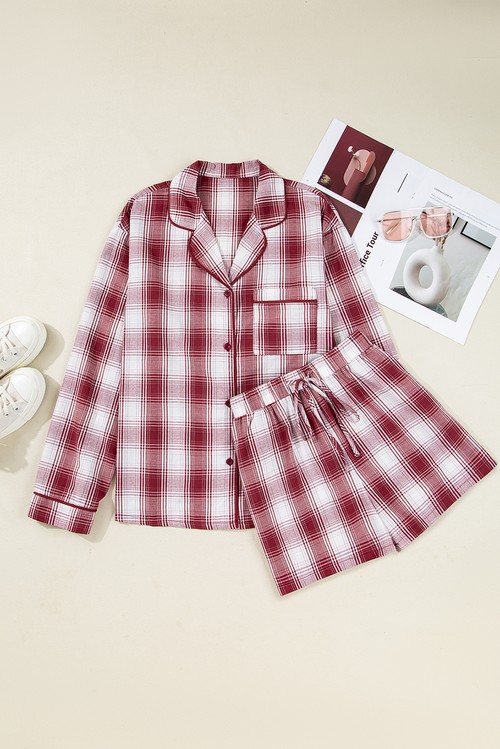 Red Retro Plaid Long Sleeve Shirt Drawstring Shorts 2pcs Lounge