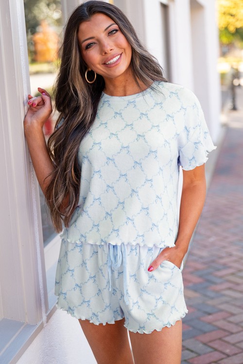 Sky Blue Bow Knot Geometric Print Lettuce Trim Two Piece