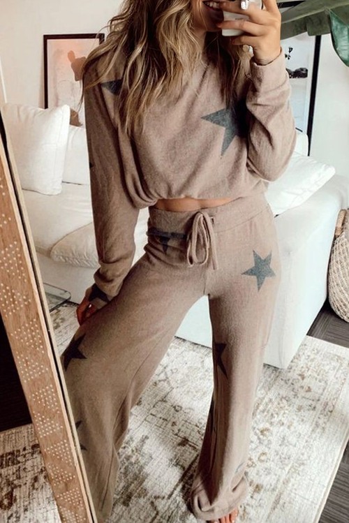 Khaki Retro Star Print Loose Long Sleeve Drawstring Wide Leg