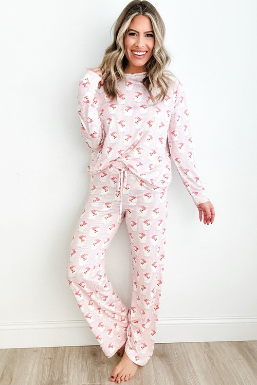 Pink Santa Claus Striped Print Loose Fit Two Piece Lounge
