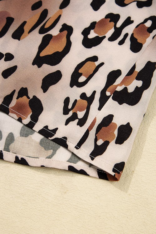 Khaki Leopard Print Colorblock Striped Edge Shirt and Pants Pajama