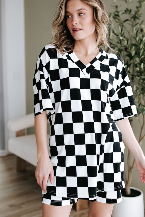 Black Checkerboard Print V Neck Loose Tee and Shorts Lounge