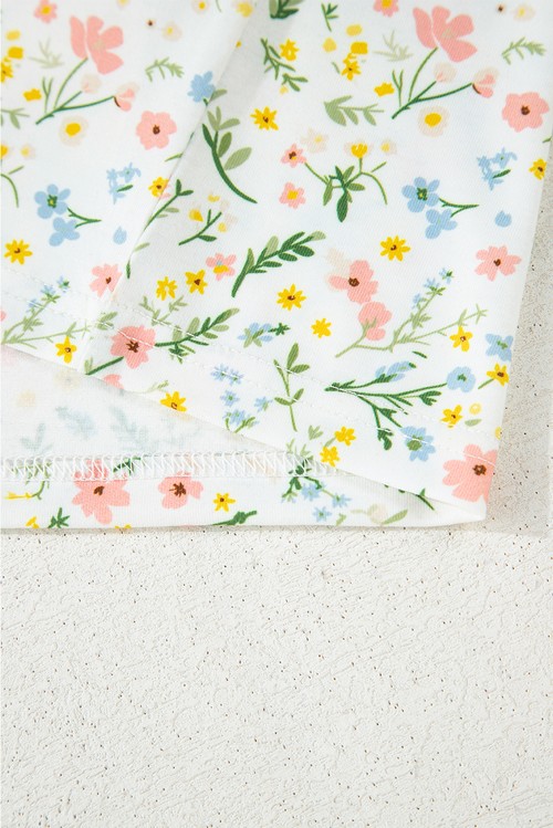 White Floral Print Contrast Pipping Short Pajamas Set