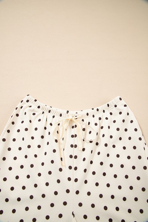 White Polka Dot Print Notched Neck Long Sleeve Top Drawstring