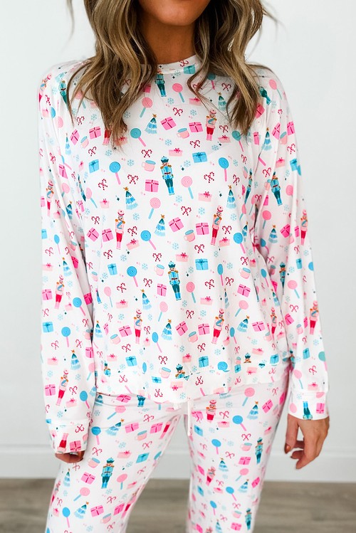 White Christmas Pattern Long Sleeve Top and Wide Leg Pants