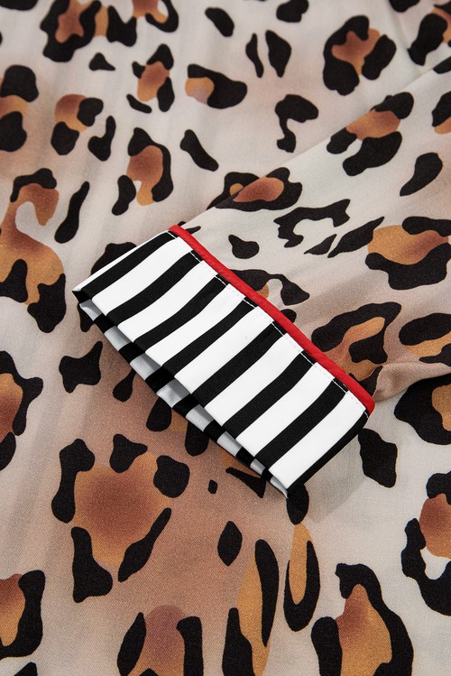 Khaki Leopard Print Colorblock Striped Edge Shirt and Pants Pajama