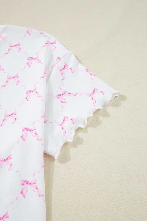 Pink Bow Knot Geometric Print Lettuce Trim Two Piece Lounge