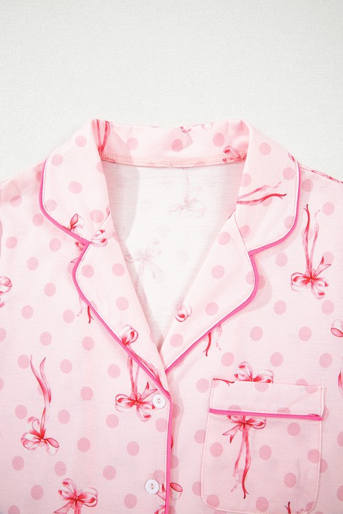 Pink Bow Print Contrast Pipping Short Pajamas Set