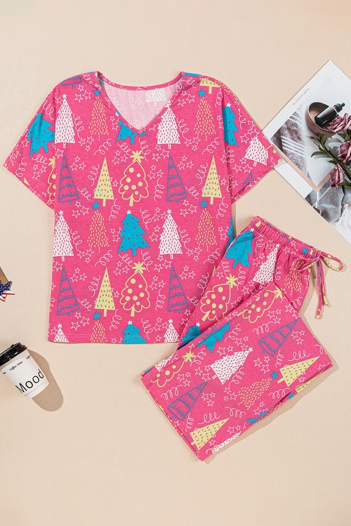Rose Christmas Tree Print V Neck Tee and Pants Lounge