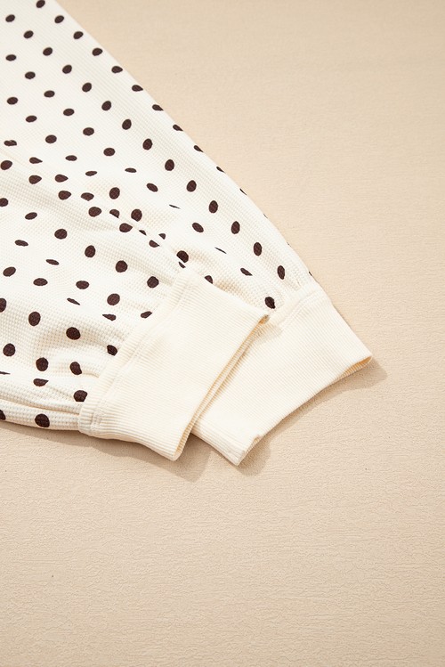 White Polka Dot Print Notched Neck Long Sleeve Top Drawstring