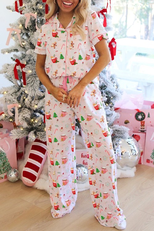 Pink Christmas Spirit Cute Holiday Print Short Sleeve Shirt and