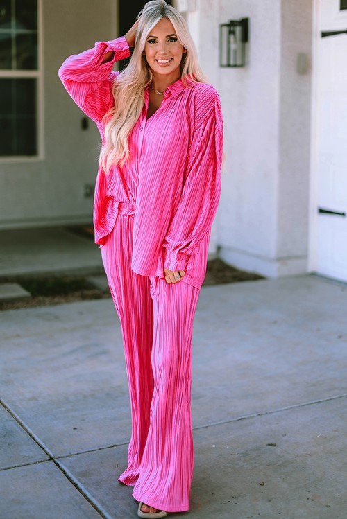 Rose Pleated Long Sleeve Shirt and Wide Leg Pants Set