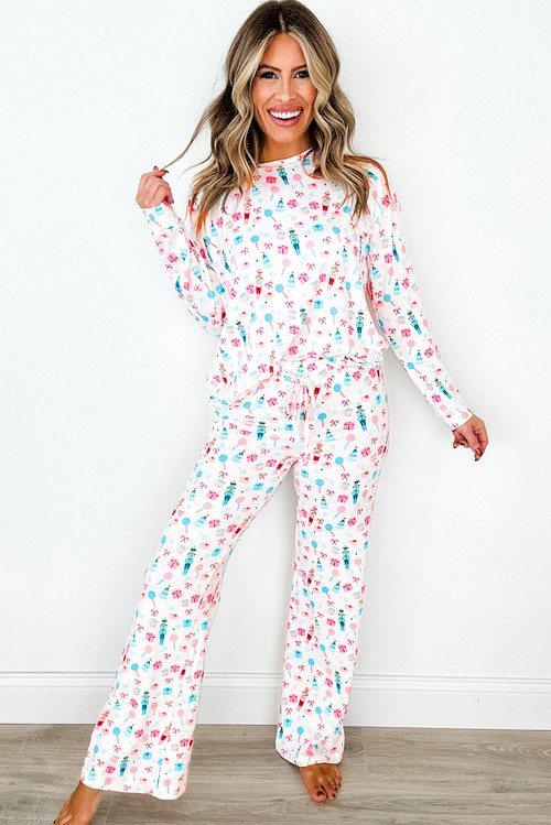 White Christmas Pattern Long Sleeve Top and Wide Leg Pants
