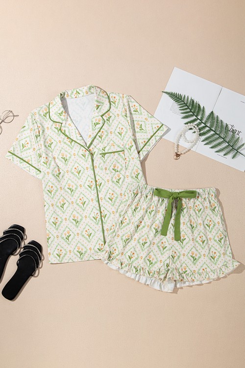 Green Floral Print Turn down Collar Short Pajamas Set