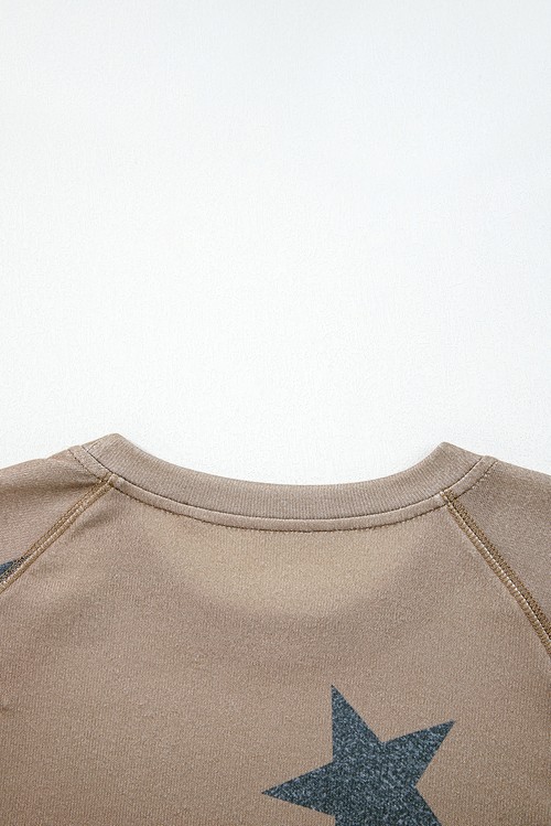Khaki Retro Star Print Loose Long Sleeve Drawstring Wide Leg