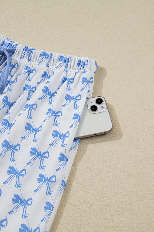 Sky Blue Bow Print Long Sleeve Shirt and Pants Soft