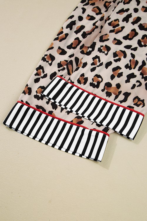 Khaki Leopard Print Colorblock Striped Edge Shirt and Pants Pajama