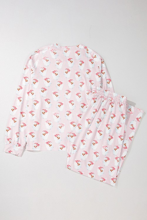 Pink Santa Claus Striped Print Loose Fit Two Piece Lounge