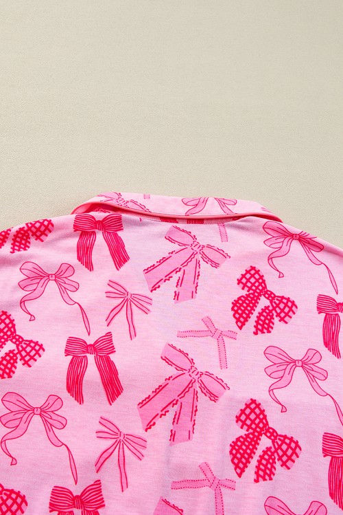 Pink Bow Knot Print Lapel Collar Short Sleeve and Pants