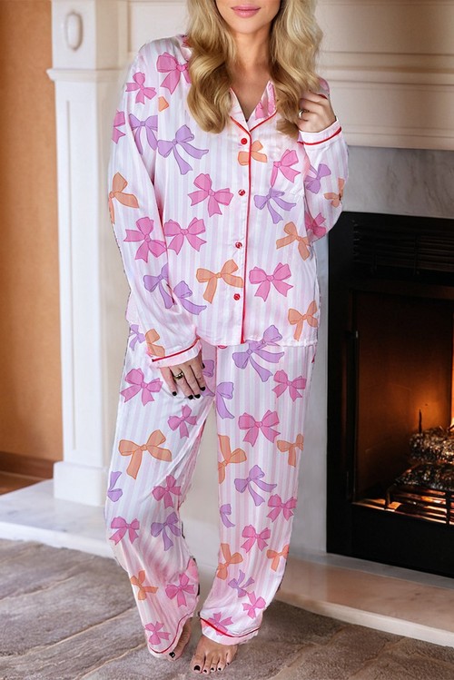 Pink Striped Bow Print Contrast Piping Trim Shirt and Pants