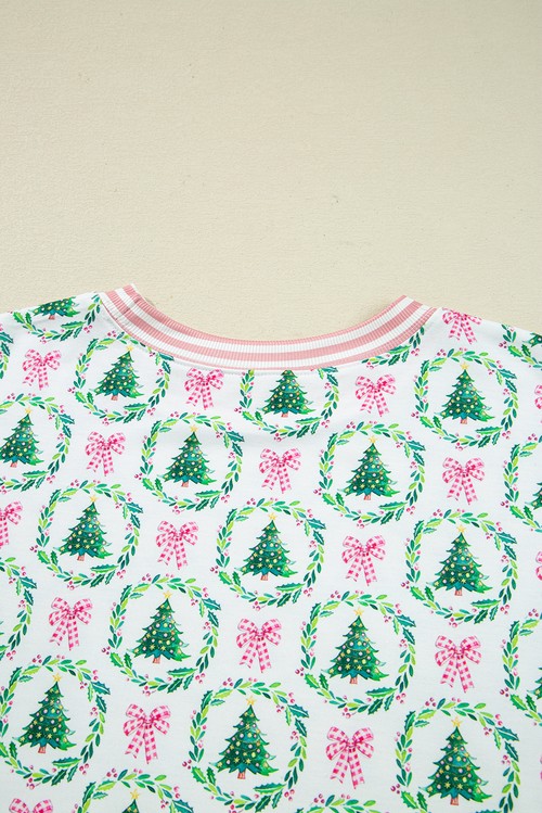 Green Bow Christmas Tree Print Contrast Striped Banding 2pcs Lounge