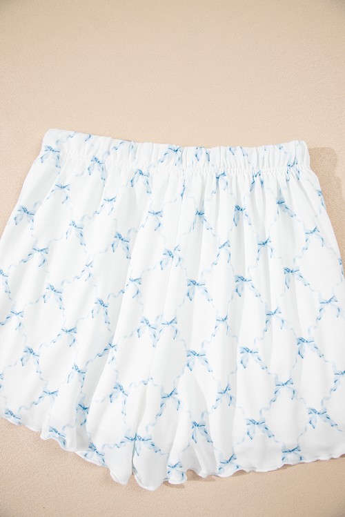 Sky Blue Bow Knot Geometric Print Lettuce Trim Two Piece