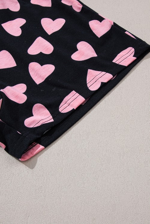 Black Valentine Heart Shape Print Long Sleeve Top Shorts Lounge
