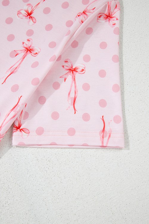 Pink Bow Knot Polka Dot Print Short Sleeve Top Lounge