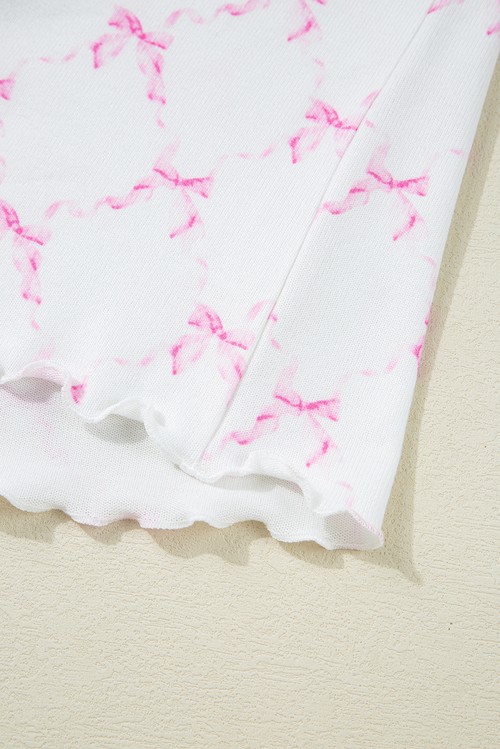Pink Bow Knot Geometric Print Lettuce Trim Two Piece Lounge
