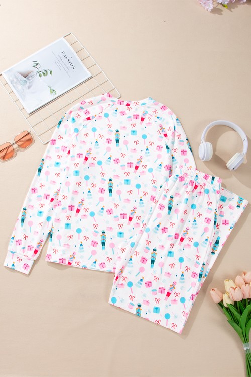 White Christmas Pattern Long Sleeve Top and Wide Leg Pants