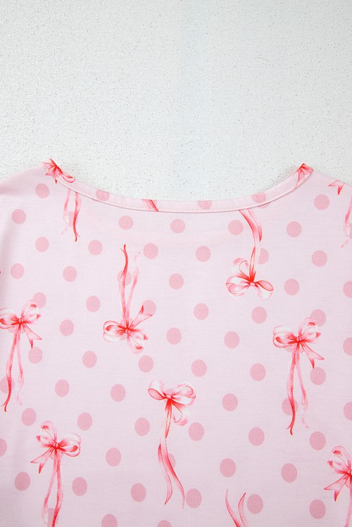 Pink Bow Knot Polka Dot Print Short Sleeve Top Lounge