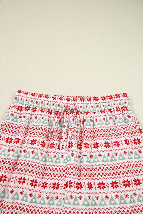 White Christmas Pattern Print Shirt Style Long 2pcs Pajama Set