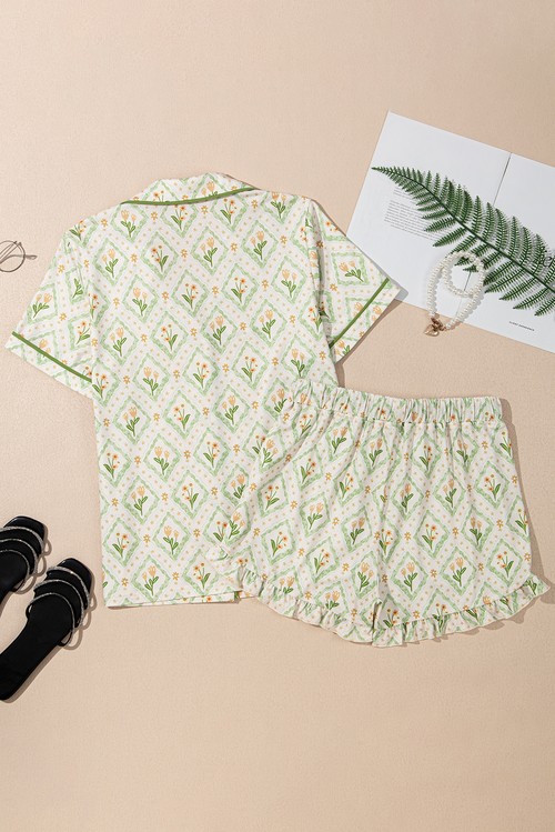 Green Floral Print Turn down Collar Short Pajamas Set