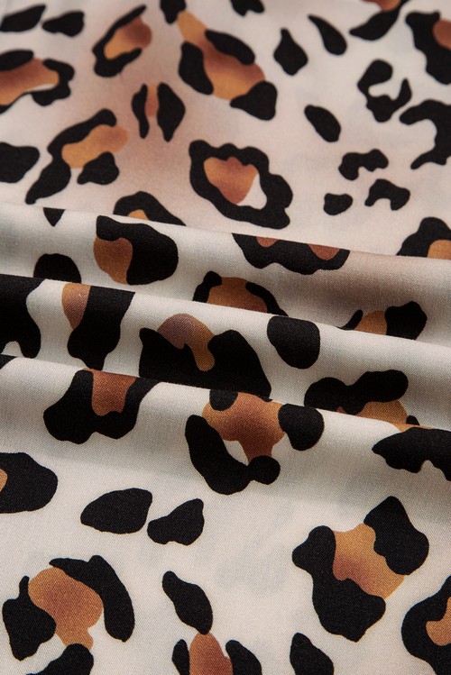 Khaki Leopard Print Colorblock Striped Edge Shirt and Pants Pajama