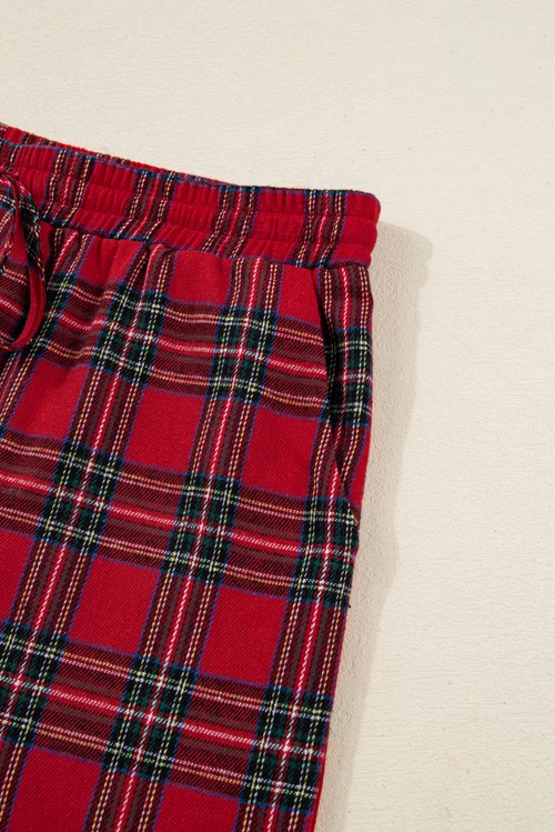 Red Plaid Contrast Patched Christmas Holiday Long Sleeve Shirt and
