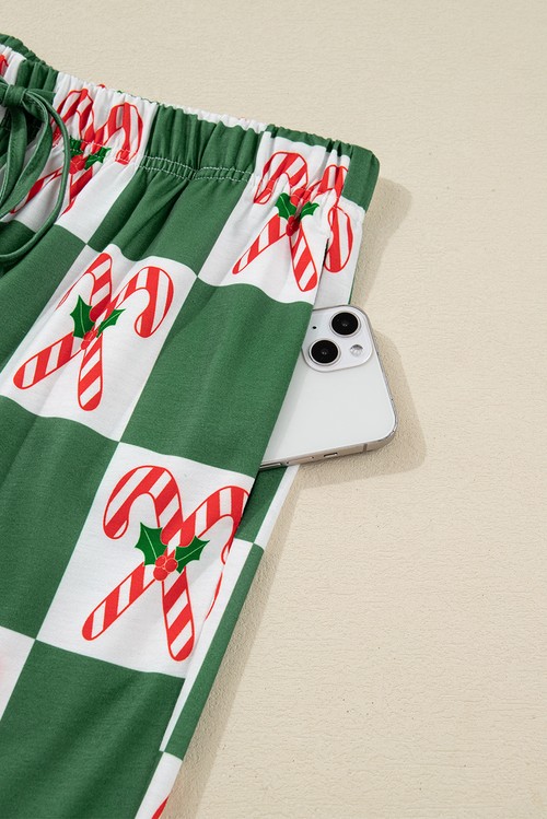 Green Holly Jolly Checkered Pattern 2pcs Long Pajama Set