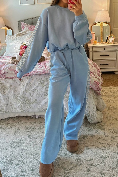 Beau Blue Floral Patchwork Drop Shoulder Pullover and Sweatpants Lounge