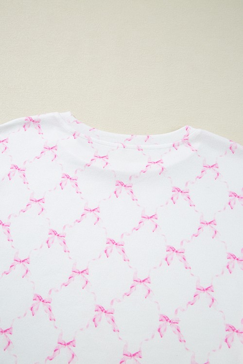 Pink Bow Knot Geometric Print Lettuce Trim Two Piece Lounge