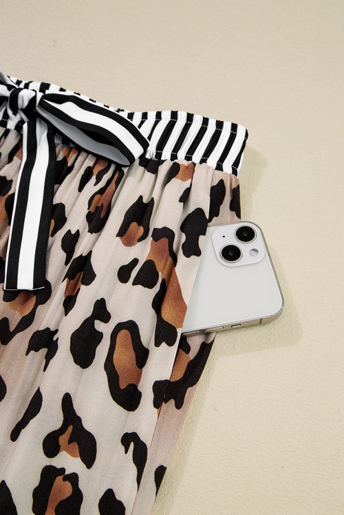 Khaki Leopard Print Colorblock Striped Edge Shirt and Pants Pajama