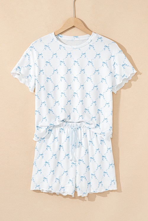Sky Blue Bow Knot Geometric Print Lettuce Trim Two Piece