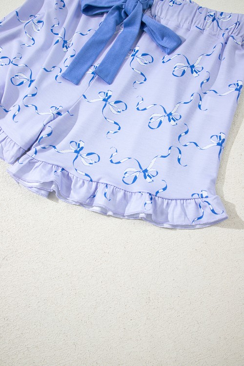 Sky Blue Bow Printed Ruffled Short Lounge Set