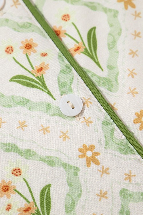 Green Floral Print Turn down Collar Short Pajamas Set