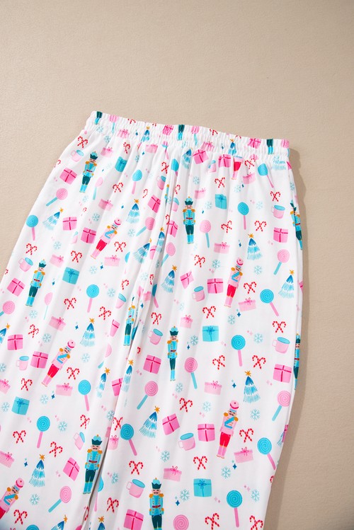 White Christmas Pattern Long Sleeve Top and Wide Leg Pants