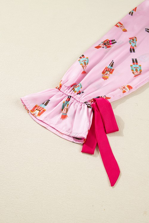 Pink Nutcracker Print Contrast Trim Tied up Bow Silky 2pcs