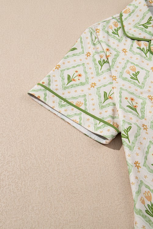Green Floral Print Turn down Collar Short Pajamas Set
