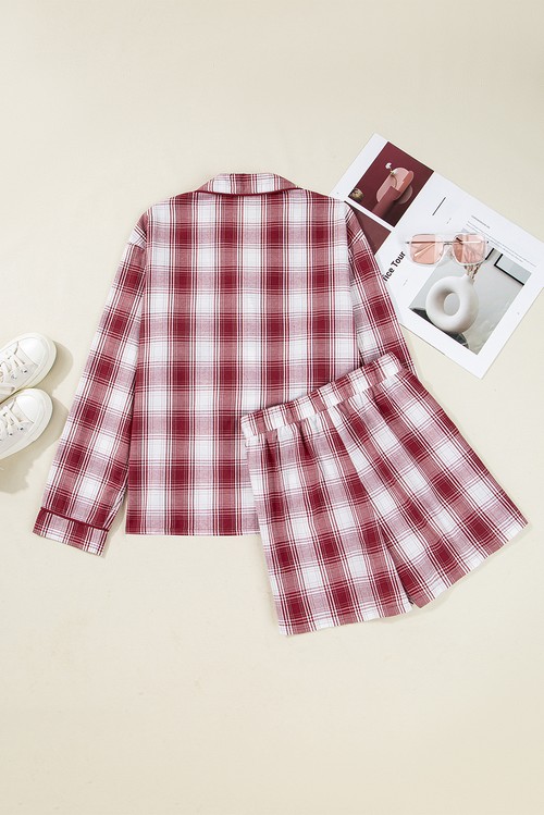 Red Retro Plaid Long Sleeve Shirt Drawstring Shorts 2pcs Lounge