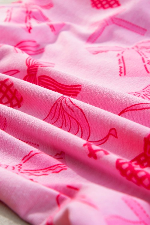 Pink Bow Knot Print Lapel Collar Short Sleeve and Pants