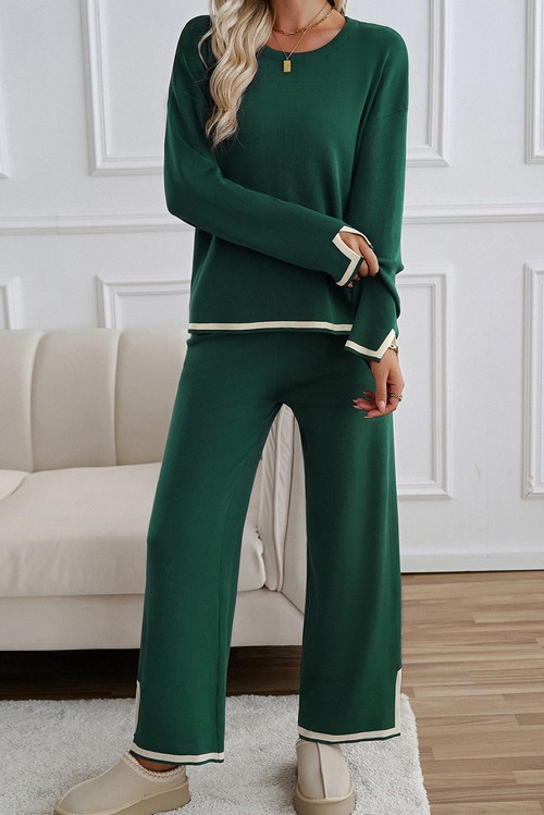 Blackish Green Contrast Trim Split Cuffs Long 2pcs Sweater Outfit